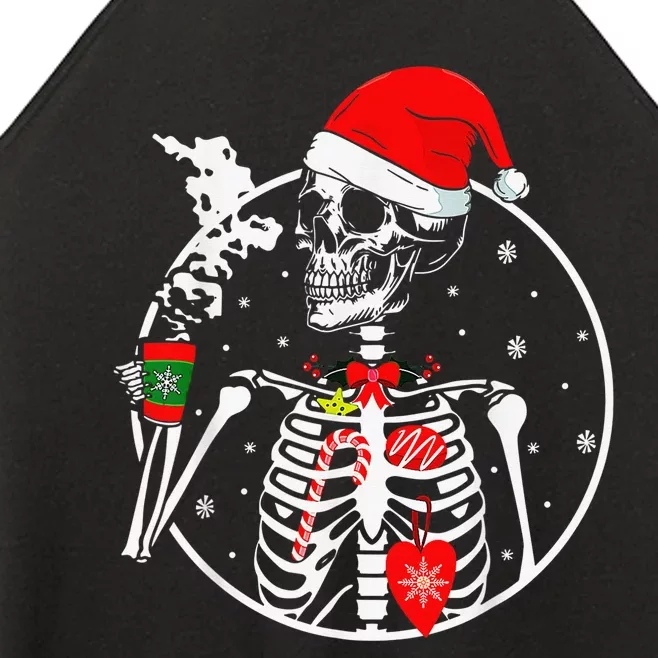 Xmas Skeleton With Smiling Skull Drinking Coffee Tree Lights Women’s Perfect Tri Rocker Tank