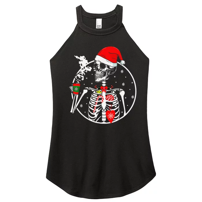 Xmas Skeleton With Smiling Skull Drinking Coffee Tree Lights Women’s Perfect Tri Rocker Tank