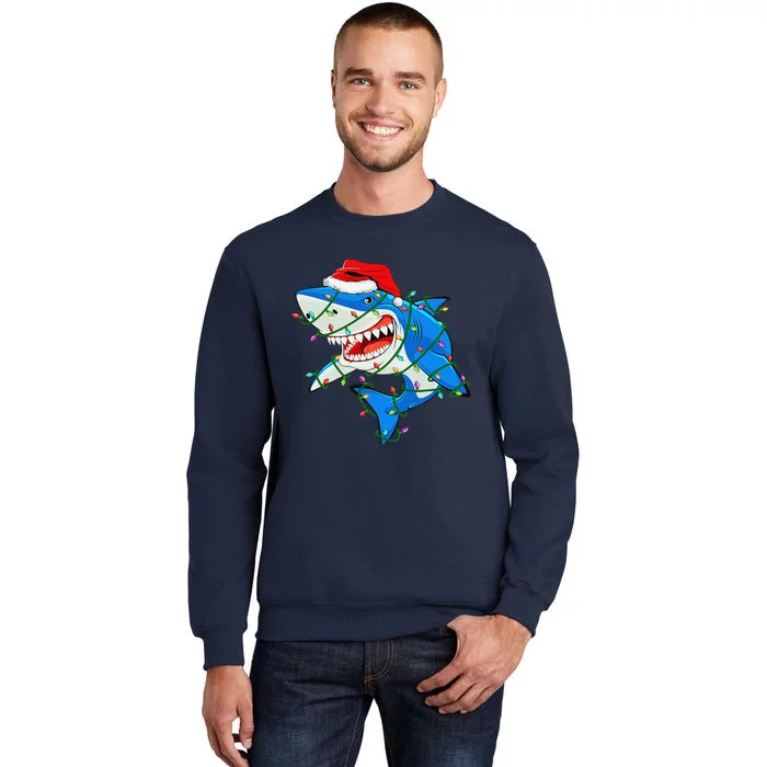 Xmas Shark with Santa Hat and Tree lights Tall Sweatshirt