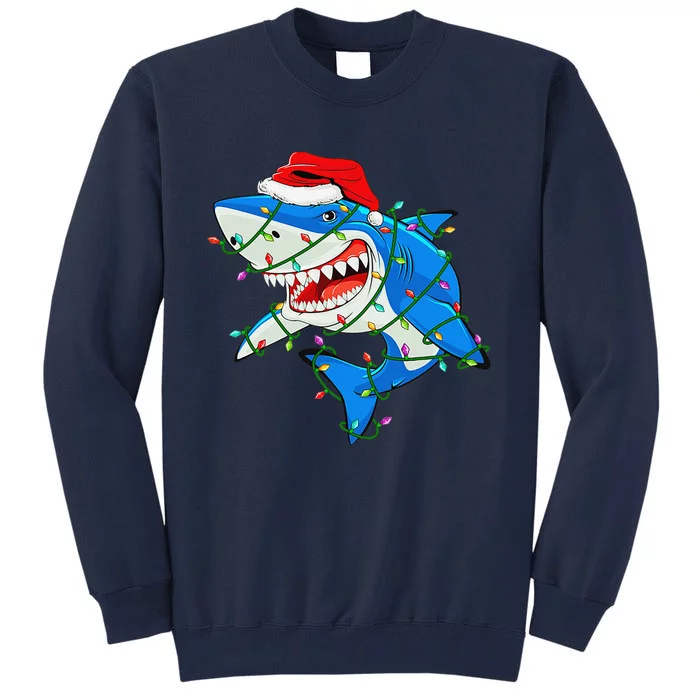 Xmas Shark with Santa Hat and Tree lights Tall Sweatshirt