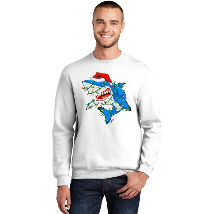 Xmas Shark with Santa Hat and Tree lights Sweatshirt