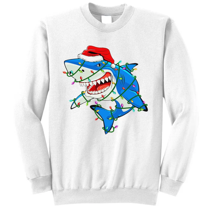 Xmas Shark with Santa Hat and Tree lights Sweatshirt