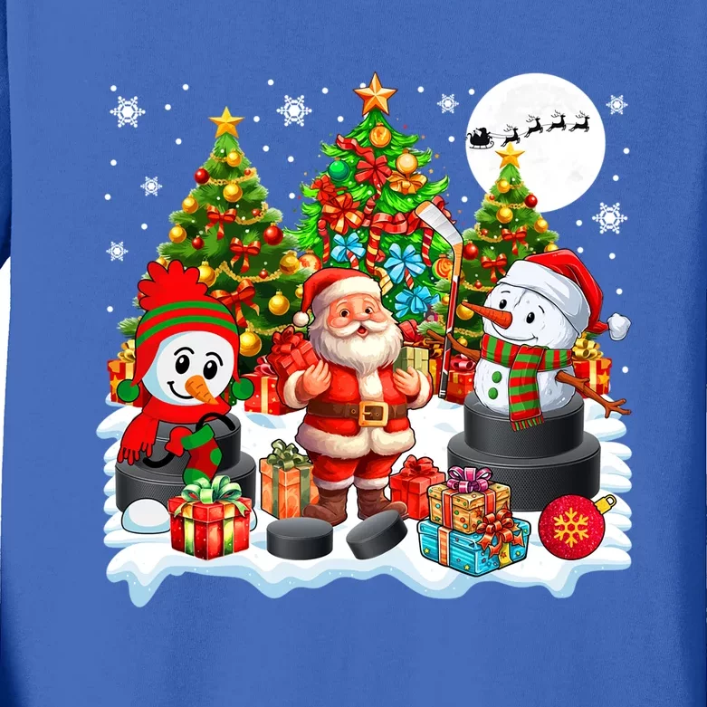 Xmas Santa With Snow Playing Hockey Player Lover Gift Kids Long Sleeve Shirt