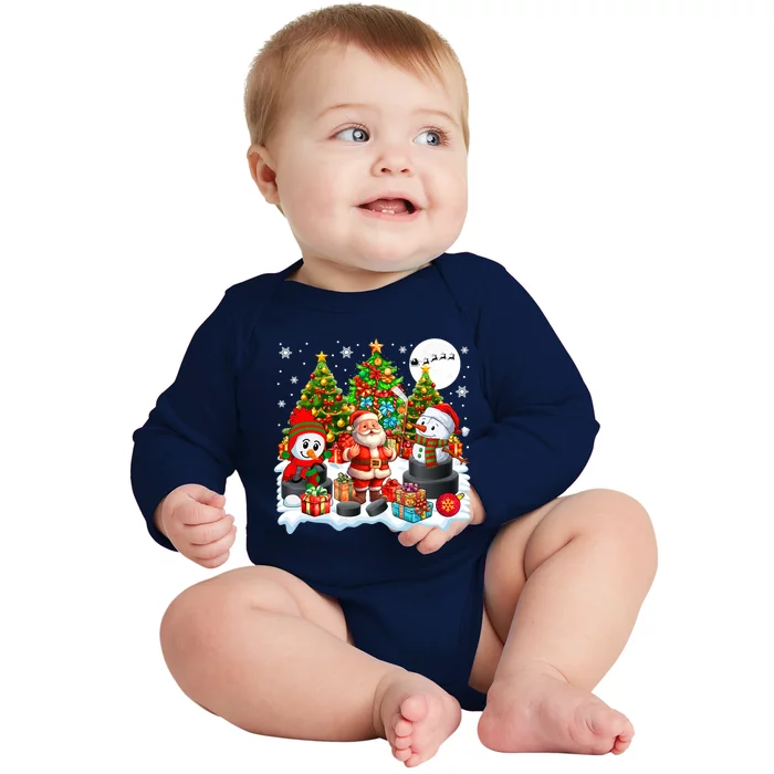 Xmas Santa With Snow Playing Hockey Player Lover Gift Baby Long Sleeve Bodysuit