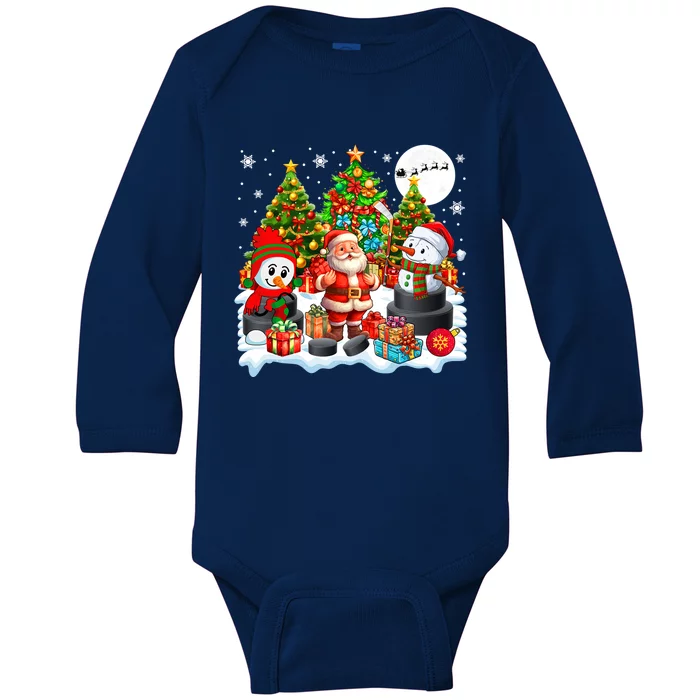 Xmas Santa With Snow Playing Hockey Player Lover Gift Baby Long Sleeve Bodysuit