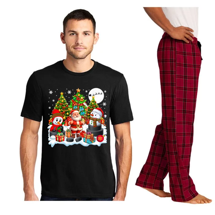 Xmas Santa With Snow Playing Hockey Player Lover Gift Pajama Set