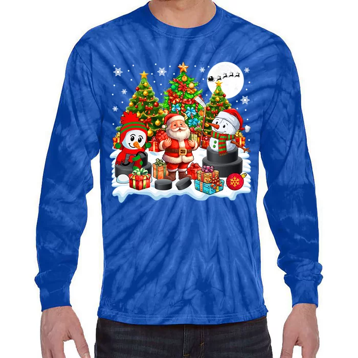 Xmas Santa With Snow Playing Hockey Player Lover Gift Tie-Dye Long Sleeve Shirt