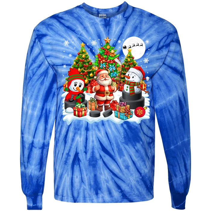 Xmas Santa With Snow Playing Hockey Player Lover Gift Tie-Dye Long Sleeve Shirt