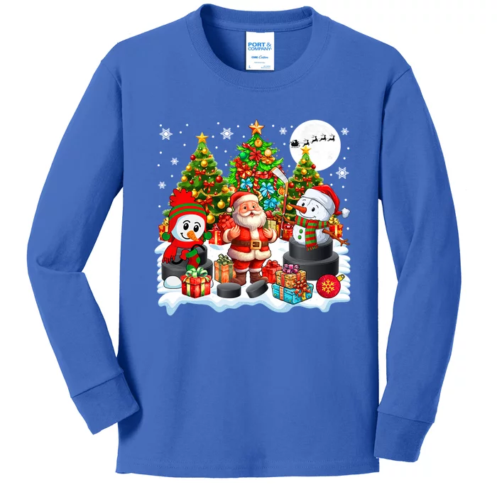 Xmas Santa With Snow Playing Hockey Player Lover Gift Kids Long Sleeve Shirt