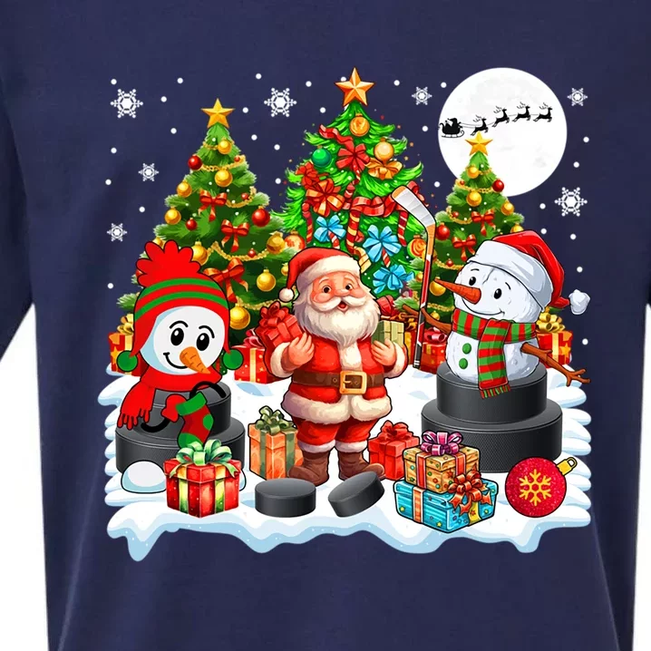 Xmas Santa With Snow Playing Hockey Player Lover Gift Sueded Cloud Jersey T-Shirt