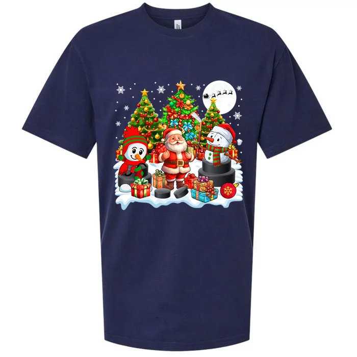 Xmas Santa With Snow Playing Hockey Player Lover Gift Sueded Cloud Jersey T-Shirt