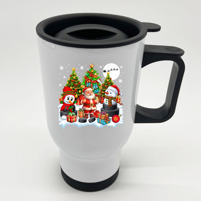 Xmas Santa With Snow Playing Hockey Player Lover Gift Front & Back Stainless Steel Travel Mug