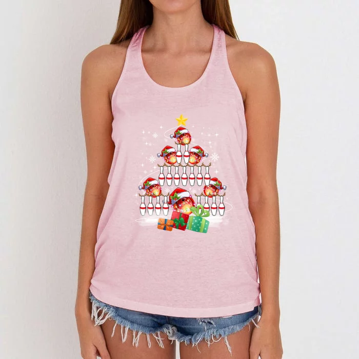 Xmas Tree Bowling Xmas Lights Santa Bowling Ball Player Gift Women's Knotted Racerback Tank