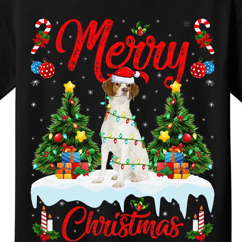 Xmas Tree Lighting Brittany Spaniel Dog Merry Christmas Kids T-Shirt