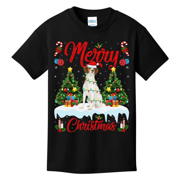 Xmas Tree Lighting Brittany Spaniel Dog Merry Christmas Kids T-Shirt