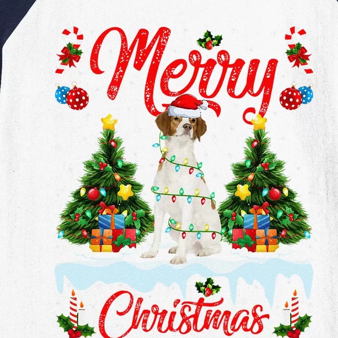 Xmas Tree Lighting Brittany Spaniel Dog Merry Christmas Baseball Sleeve Shirt