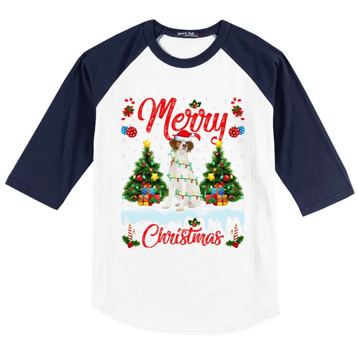 Xmas Tree Lighting Brittany Spaniel Dog Merry Christmas Baseball Sleeve Shirt