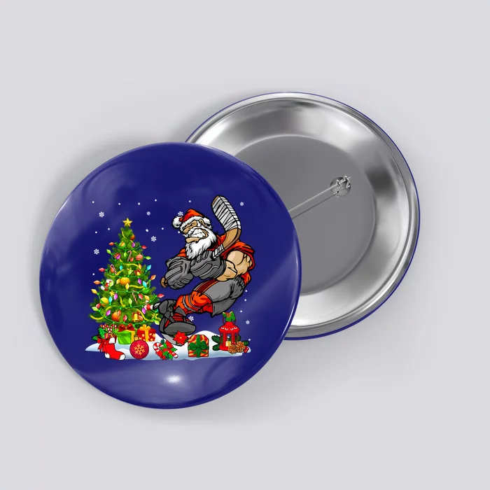 Xmas Tree Light Presents Santa Playing Hockey Player Lover Gift Button