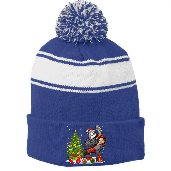 Xmas Tree Light Presents Santa Playing Hockey Player Lover Gift Stripe Pom Pom Beanie