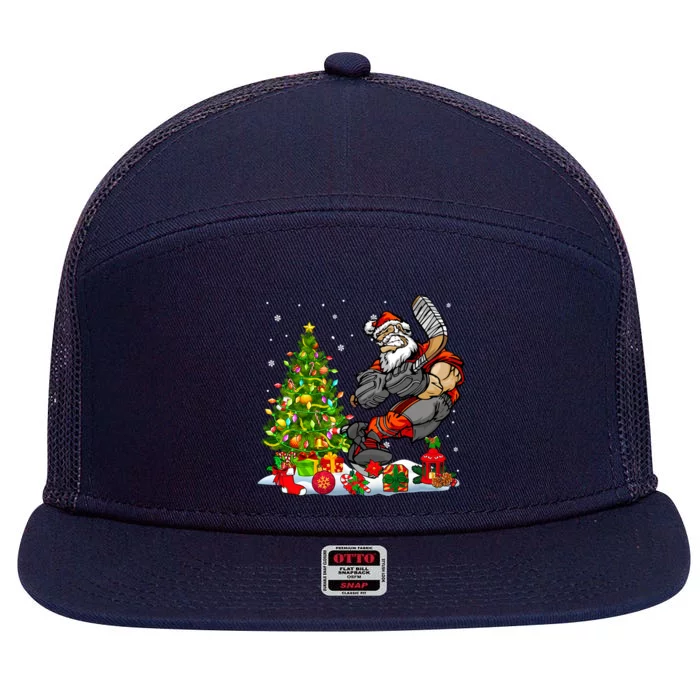 Xmas Tree Light Presents Santa Playing Hockey Player Lover Gift 7 Panel Mesh Trucker Snapback Hat