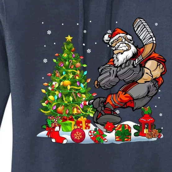 Xmas Tree Light Presents Santa Playing Hockey Player Lover Gift Women's Pullover Hoodie