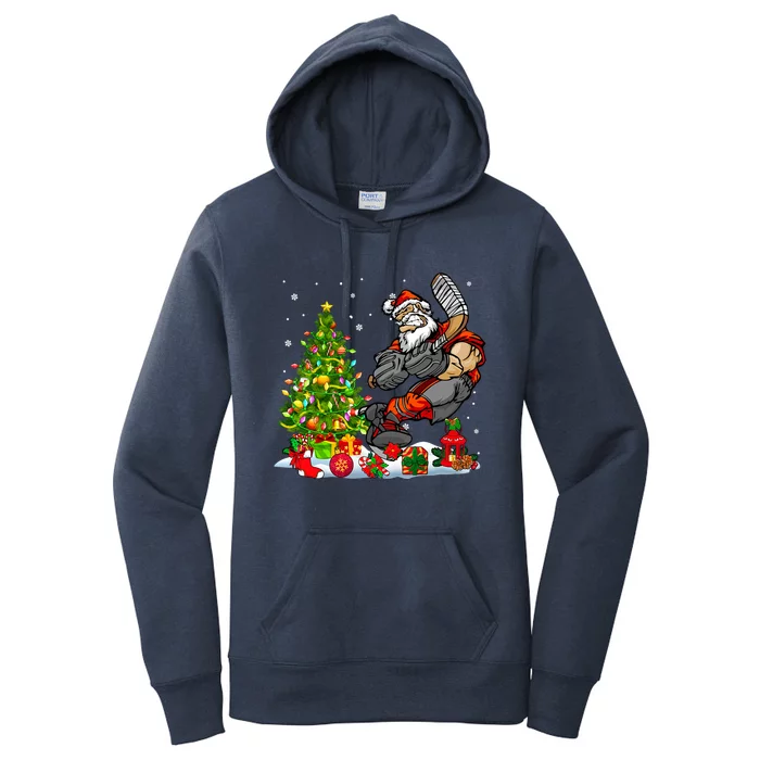 Xmas Tree Light Presents Santa Playing Hockey Player Lover Gift Women's Pullover Hoodie