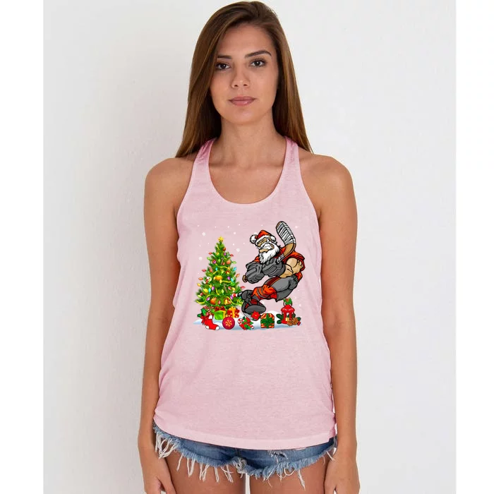 Xmas Tree Light Presents Santa Playing Hockey Player Lover Gift Women's Knotted Racerback Tank