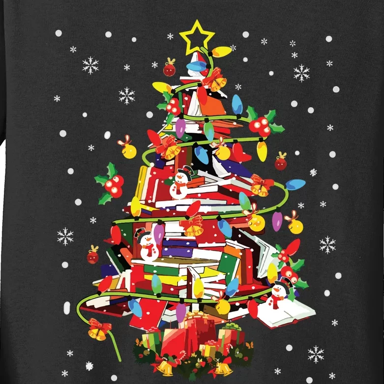 Xmas Tree Library Xmas Lights Tree Book Lover Librarian Kids Long Sleeve Shirt