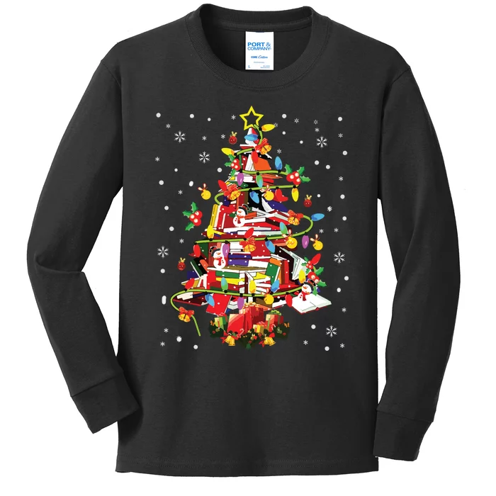 Xmas Tree Library Xmas Lights Tree Book Lover Librarian Kids Long Sleeve Shirt