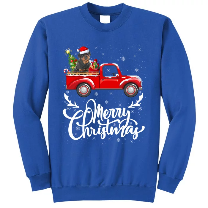 Xmas Tree Rottweiler Dog Riding Red Truck Merry Christmas Cool Gift Tall Sweatshirt