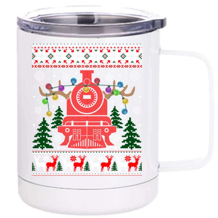 Xmas Train Reindeer Christmas Railroad Ugly Sweater Gift Front & Back 12oz Stainless Steel Tumbler Cup