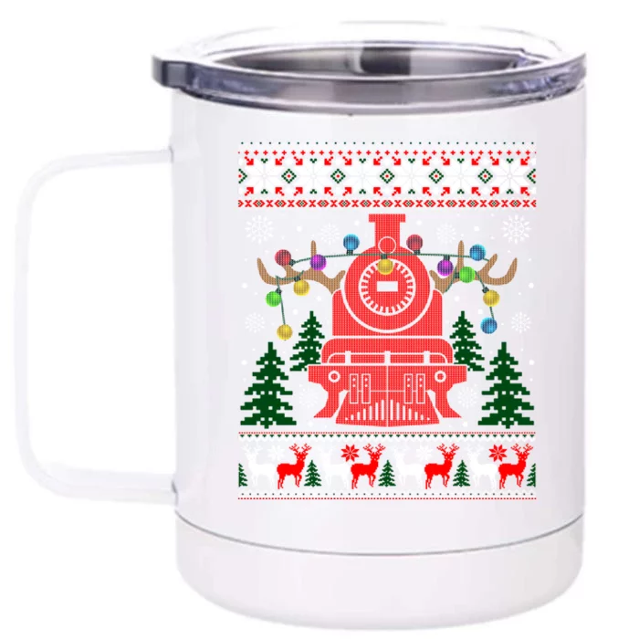 Xmas Train Reindeer Christmas Railroad Ugly Sweater Gift Front & Back 12oz Stainless Steel Tumbler Cup