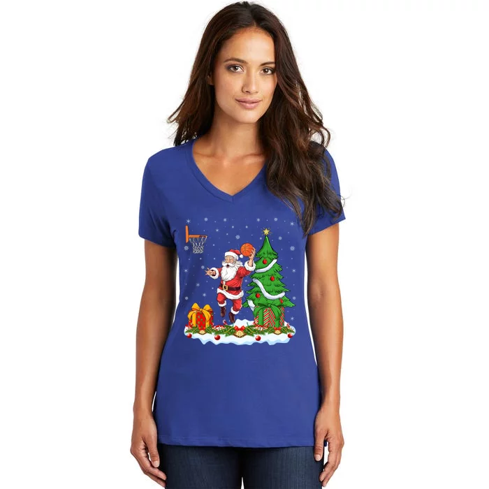 Xmas Tree Santa Playing Basketball Christmas Gift Women's V-Neck T-Shirt