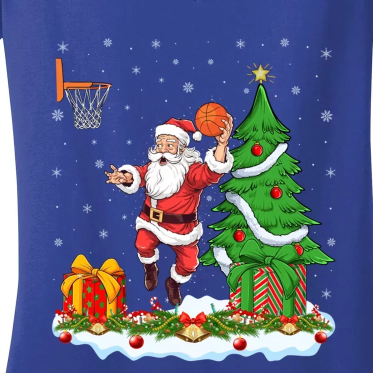 Xmas Tree Santa Playing Basketball Christmas Gift Women's V-Neck T-Shirt