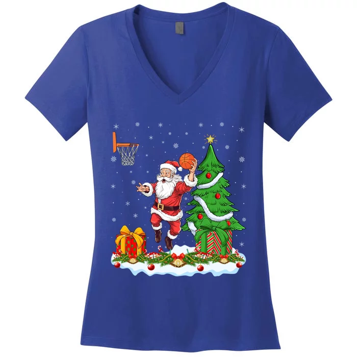 Xmas Tree Santa Playing Basketball Christmas Gift Women's V-Neck T-Shirt