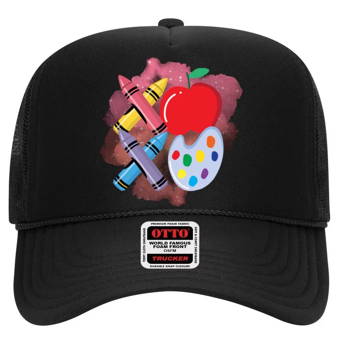 Xoxo Crayon Teacher Student 100 Days Of School High Crown Mesh Trucker Hat