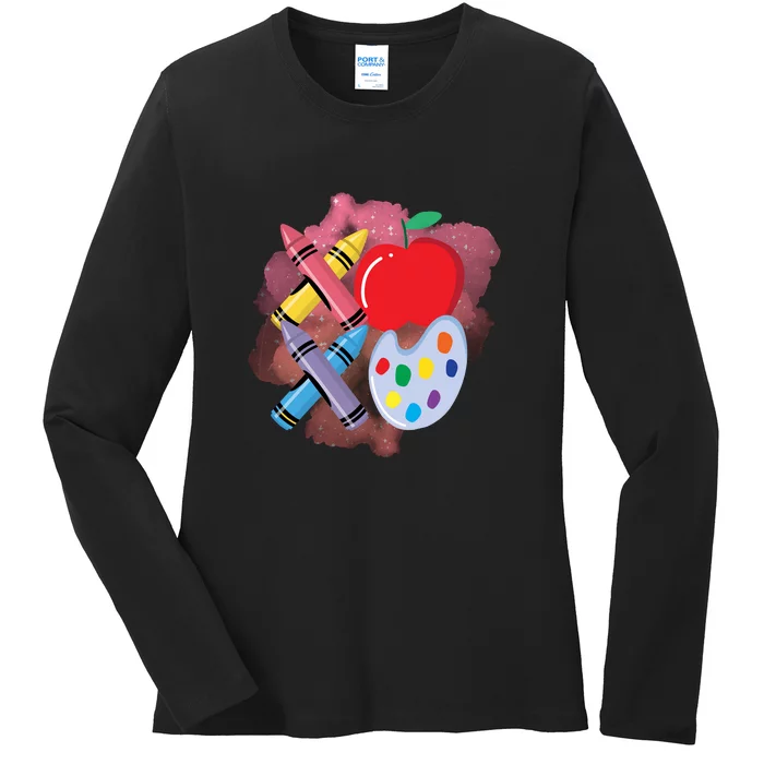 Xoxo Crayon Teacher Student 100 Days Of School Ladies Long Sleeve Shirt