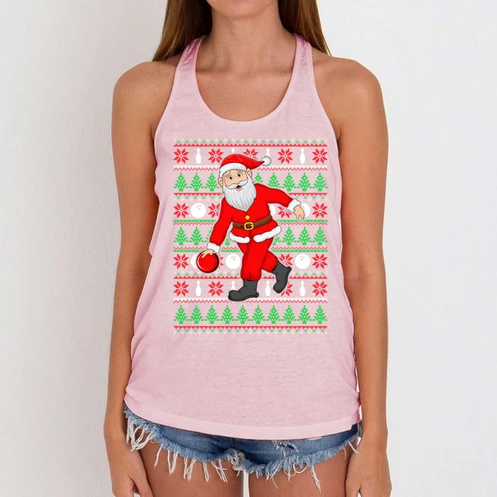 Xmas Ugly Sweater Style Santa Playing Bowling Christmas Gift Women's Knotted Racerback Tank