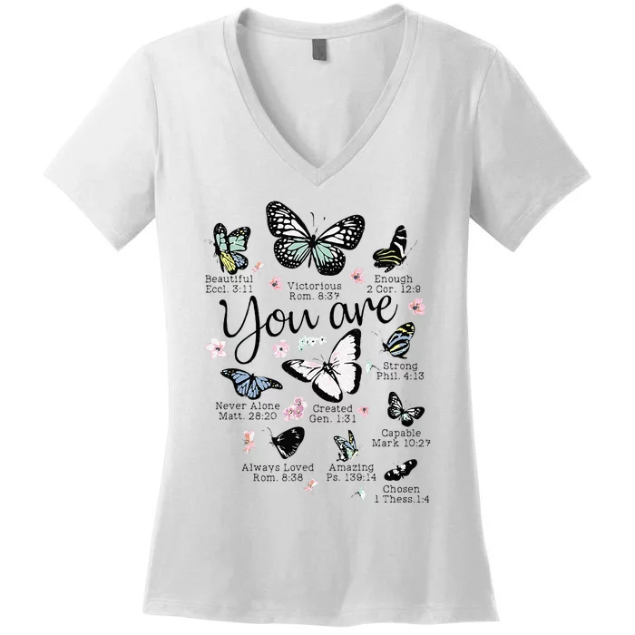 You Are Beautiful Bible Verse Religious Christian Butterfly Women's V-Neck T-Shirt