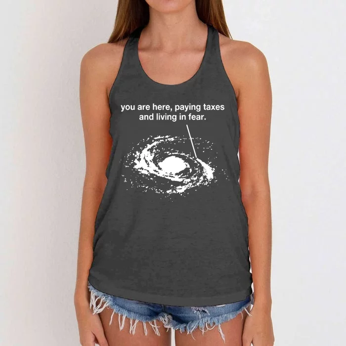 You Are Here Paying Taxes And Living In Fear Women's Knotted Racerback Tank