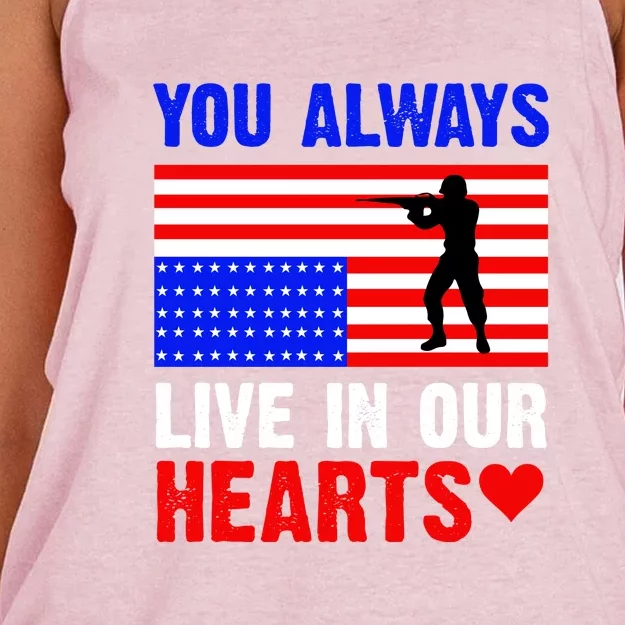 You Always Live In Our Hearts Memorial Day Gift American Flag Women's Knotted Racerback Tank