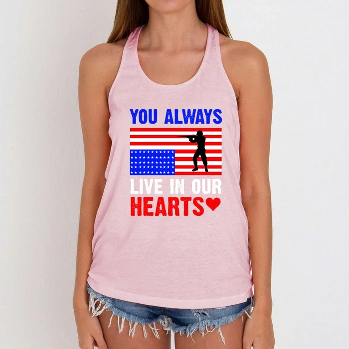 You Always Live In Our Hearts Memorial Day Gift American Flag Women's Knotted Racerback Tank