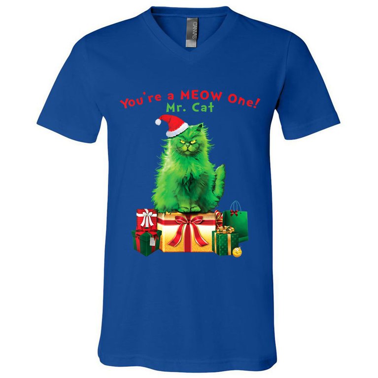 You're A Meow One Mr Cat Christmas Holiday Funny Cute Gift V-Neck T-Shirt