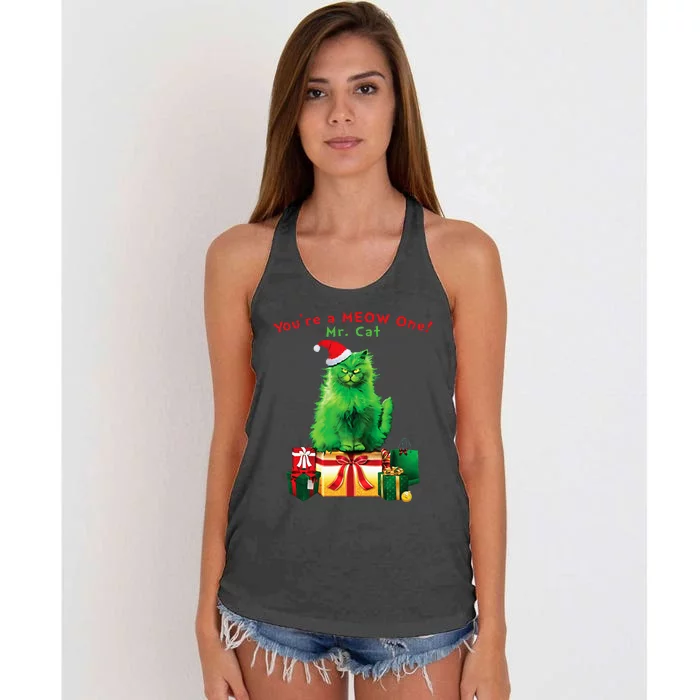 YouRe A Meow One Mr. Cat Christmas Holiday Women's Knotted Racerback Tank