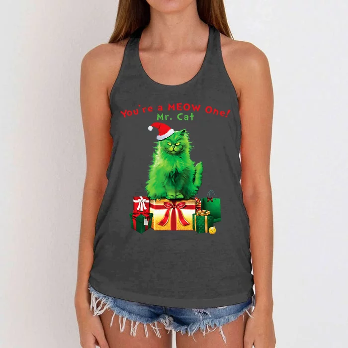 YouRe A Meow One Mr. Cat Christmas Holiday Women's Knotted Racerback Tank