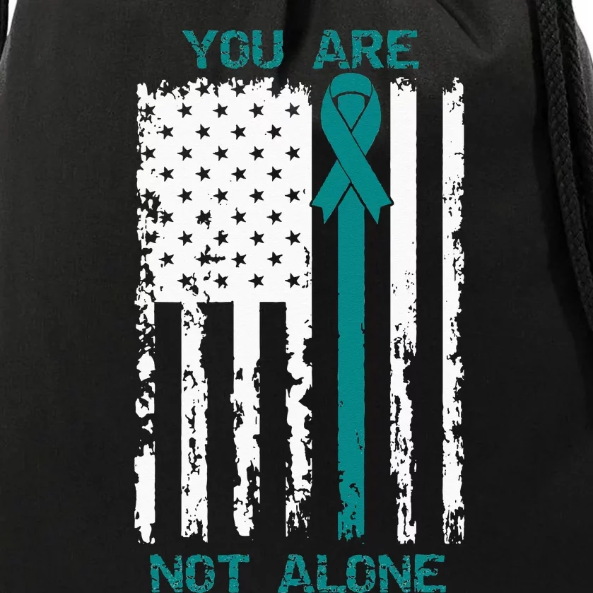 You Are Not Alone PTSD Awareness Teal Ribbon American Flag Drawstring Bag