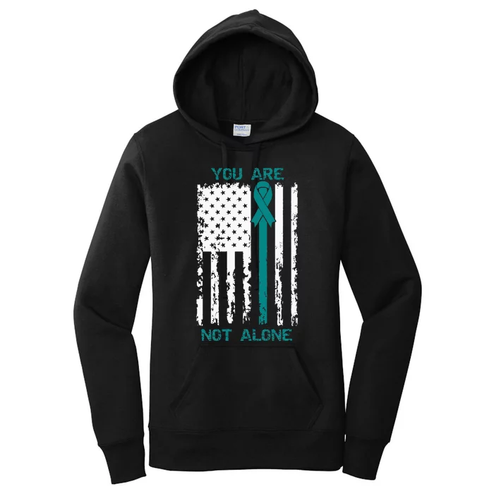 You Are Not Alone PTSD Awareness Teal Ribbon American Flag Women's Pullover Hoodie