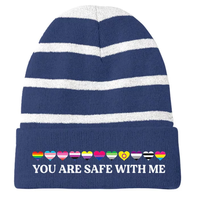 You Are Safe With Me Lgbt Flag Striped Beanie with Solid Band