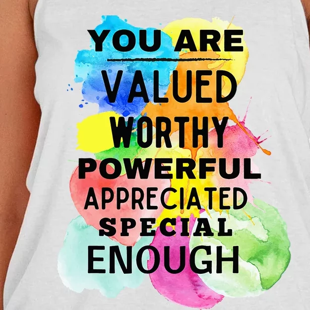 You Are Valued Worthy Powerful Appreciated Special Enough Women's Knotted Racerback Tank