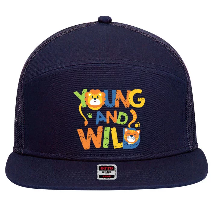 Young And Wild Typography Cute Animal 7 Panel Mesh Trucker Snapback Hat